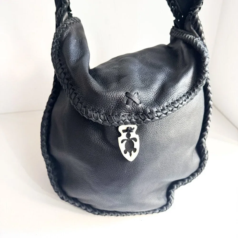 Vintage Black Leather Whipstitch Detail Slouchy Hobo Bag